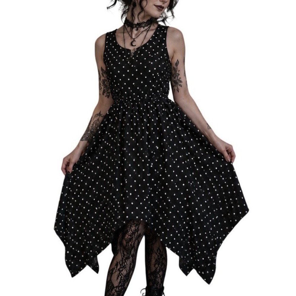 Elle Womens Black Polka Dot Handkerchief Hem Sleeveless Midi Dress size Small